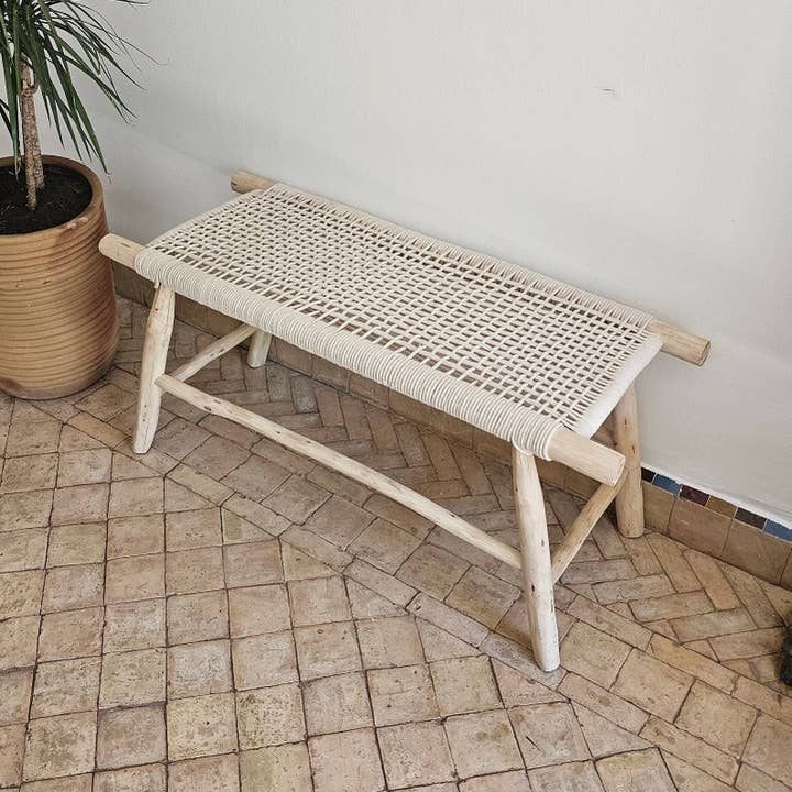 Handmade Moroccan Bench with Beige Cord Detailing