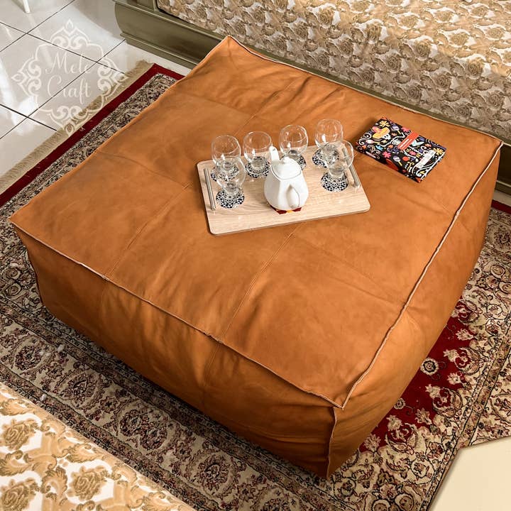 Handmade Furniture | Cowhide Leather Ottomantable-Unstuffed
