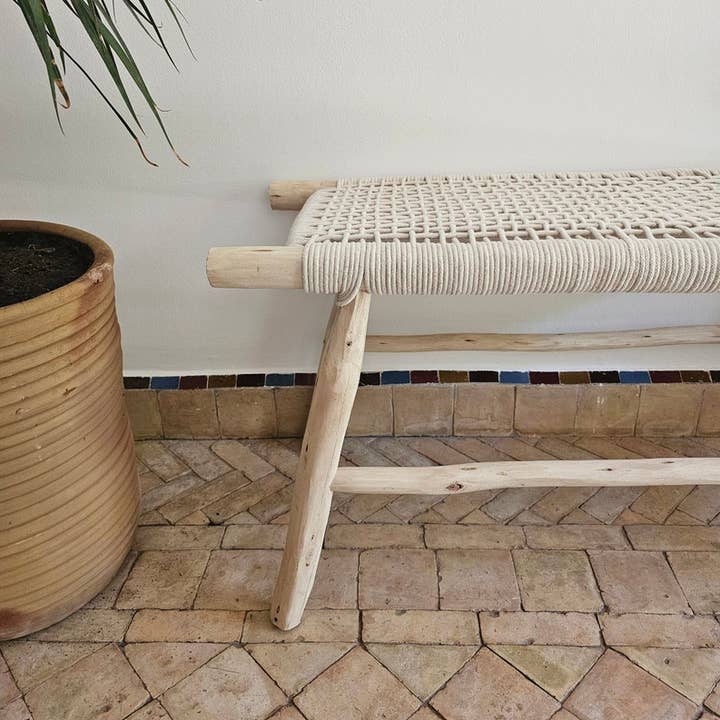Handmade Moroccan Bench with Beige Cord Detailing