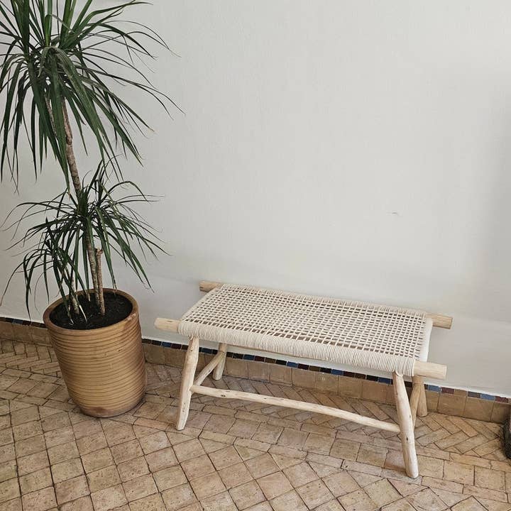 Handmade Moroccan Bench with Beige Cord Detailing