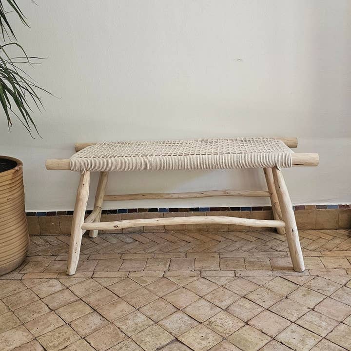 Handmade Moroccan Bench with Beige Cord Detailing